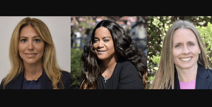 Trustee Nadia Giannopoulos (L.) and newcomers Desiree Woodson (C.) and Allison O’Brien Silva (R.) are running for two seats on the Manhasset Board of Education.